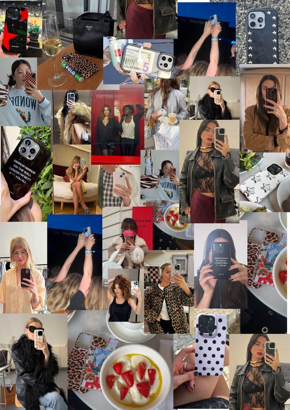 A collage of multiple mirror-selfie photos showing a woman wearing and holding various phone cases, with some cases featuring black and white polka dots, leopard print, and solid black designs.