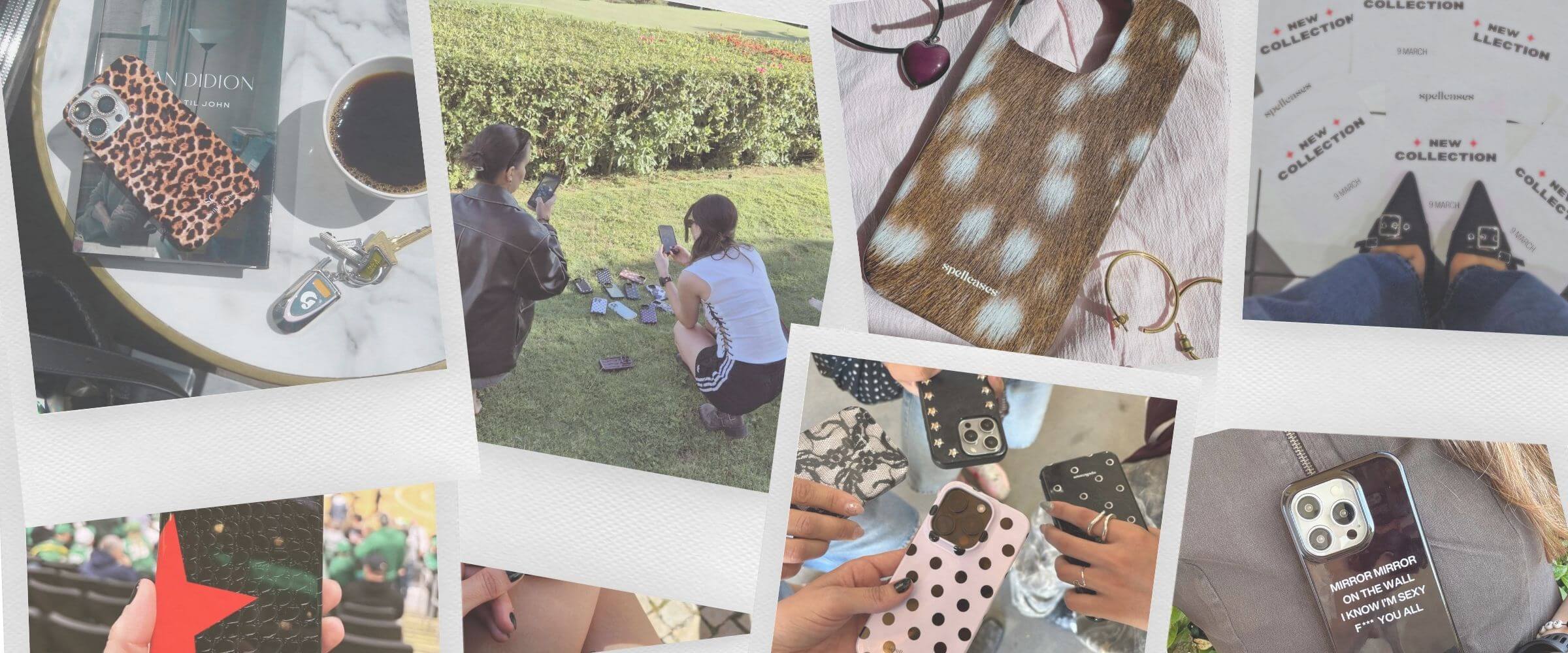 Collage of Spell Cases iPhone cases alongside candid lifestyle photos.